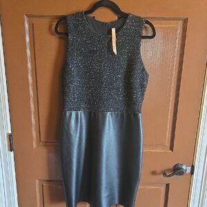 Bailey 44-Black sleeveless dress, wool blend textured top, faux leather skt Sz L